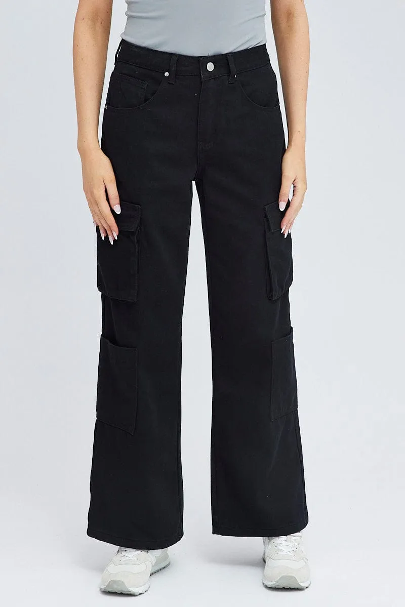 Black Cargo Jean High Rise Multi Pocket