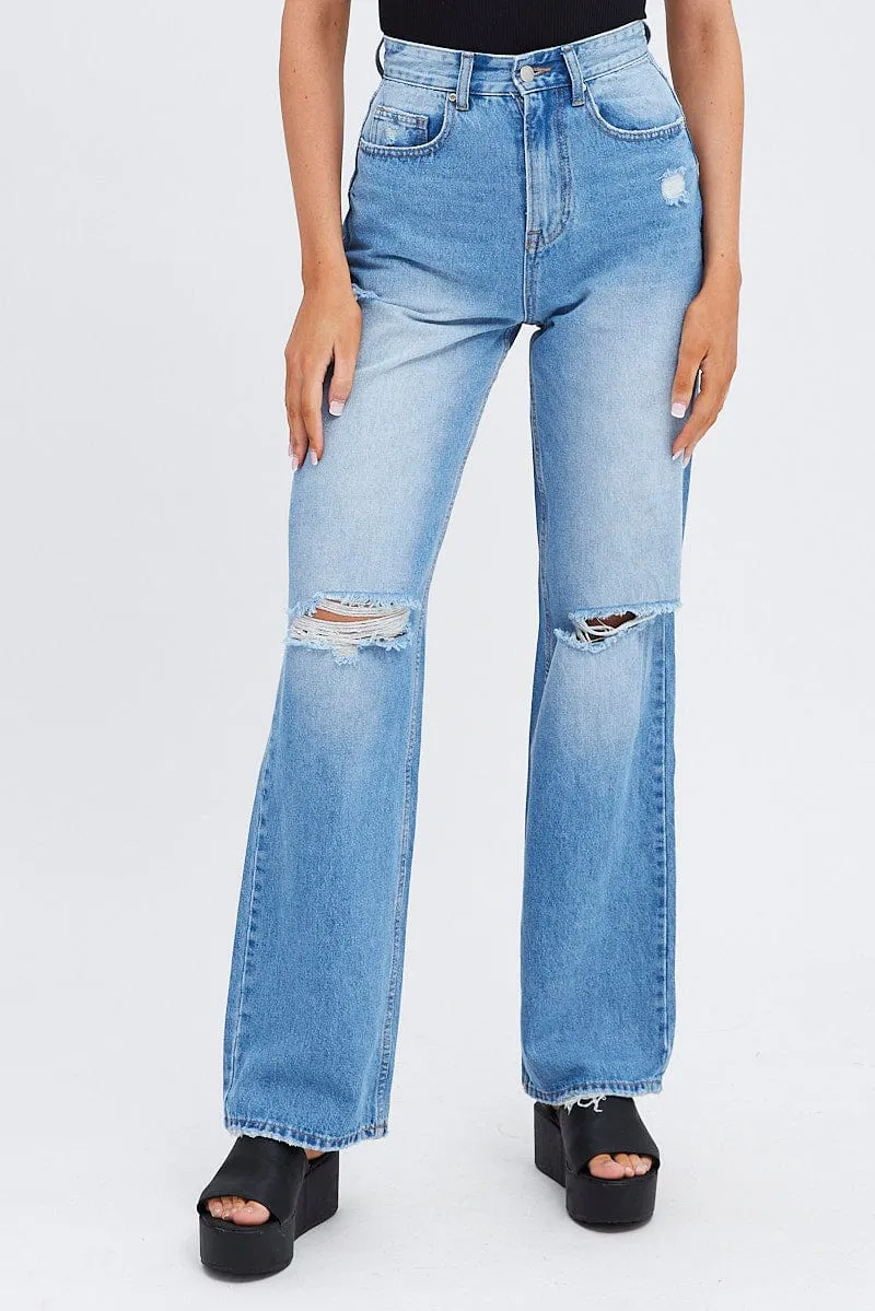 Blue Wide Leg Denim Jeans High rise