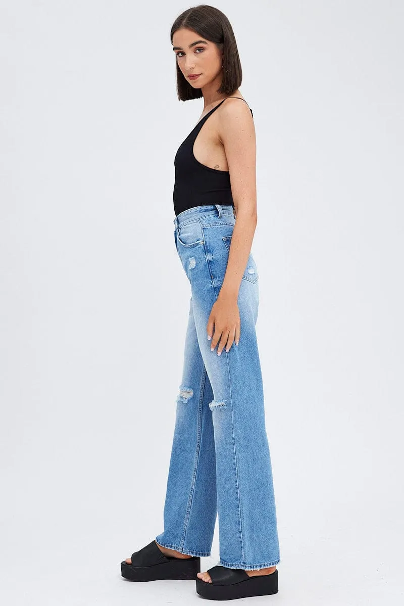Blue Wide Leg Denim Jeans High rise