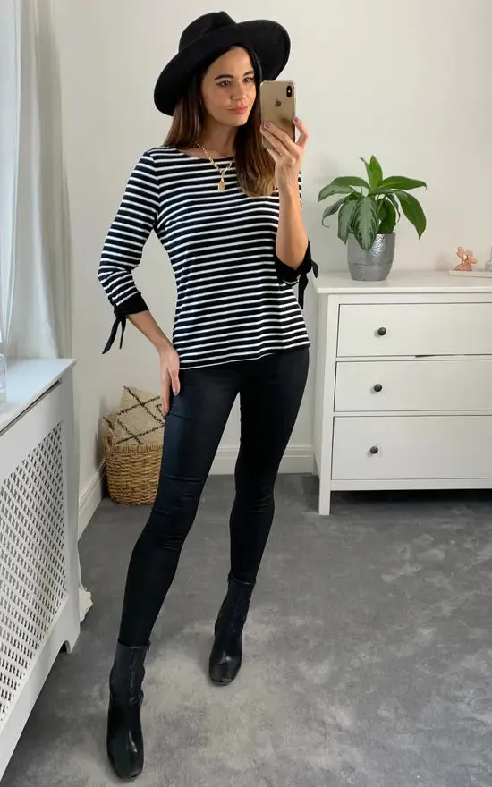 Brenda Tie Sleeve Striped Long Sleeve Top Colour Black And White