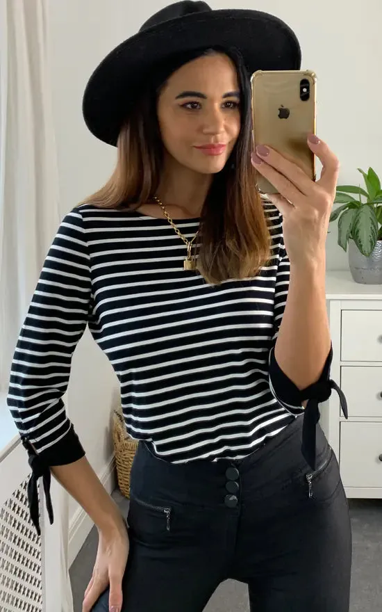 Brenda Tie Sleeve Striped Long Sleeve Top Colour Black And White