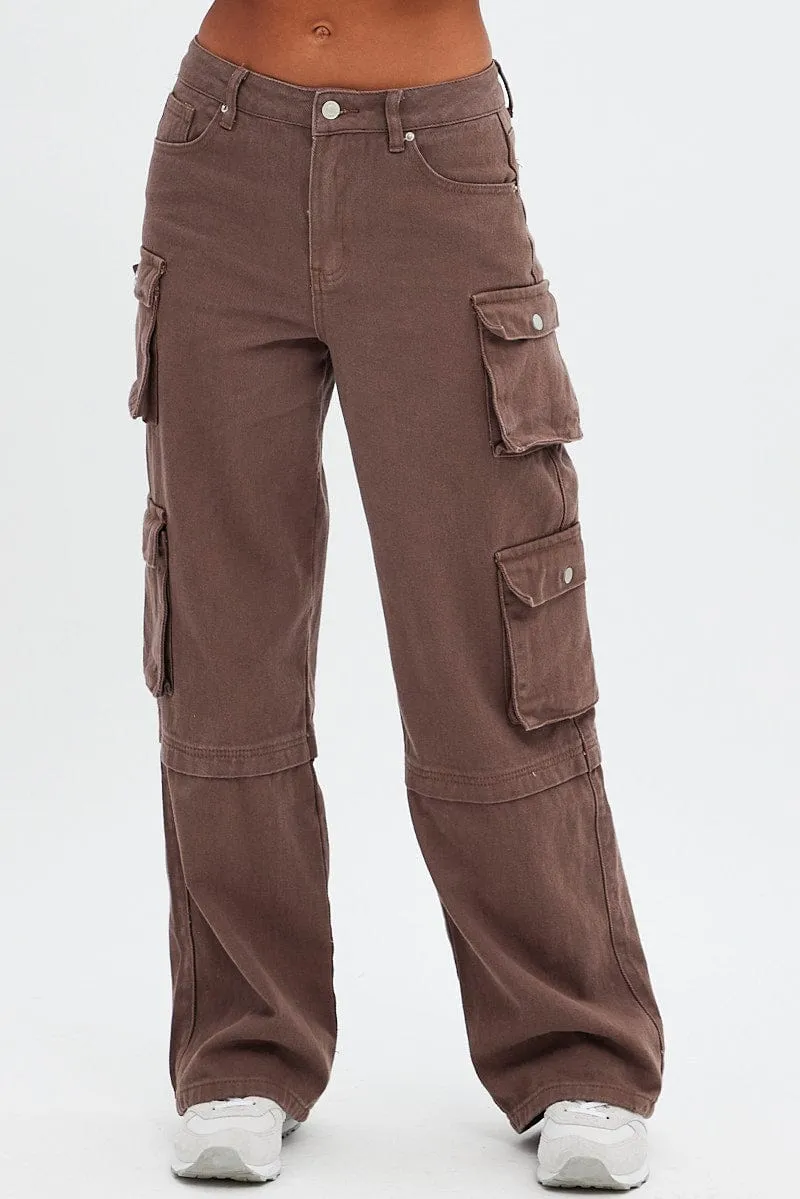 Brown Cargo Denim Jeans High Rise