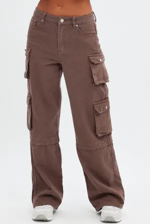 Brown Cargo Denim Jeans High Rise