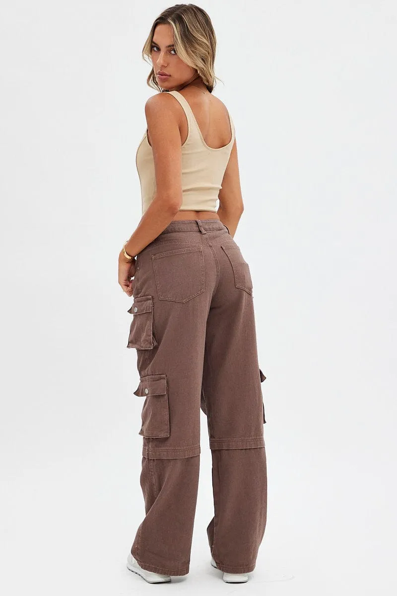 Brown Cargo Denim Jeans High Rise