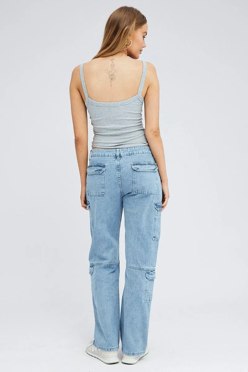 Denim Cargo Jeans Straight Out Pocket