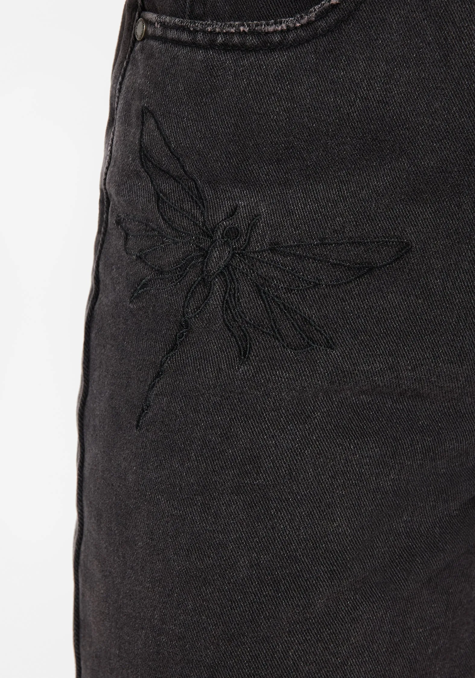 Dragonfly Embroidered Wide Leg Denim Culotte Jeans