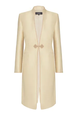 Gold Dress Coat in Summer Brocade with Cord Trim and Frogging - Vicky