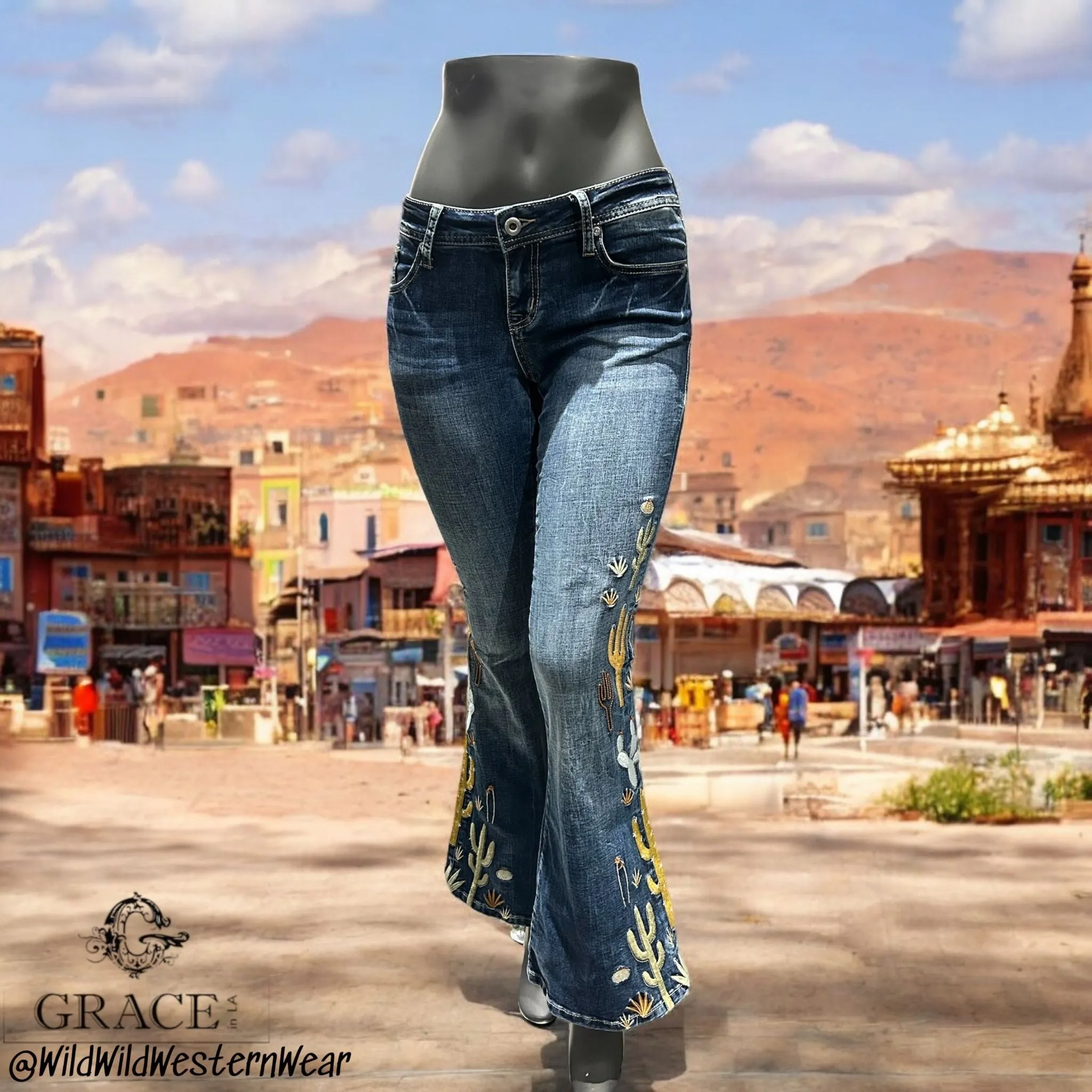 Grace Jeans Cactus Scene Mid-Rise Flare Jeans JL51881
