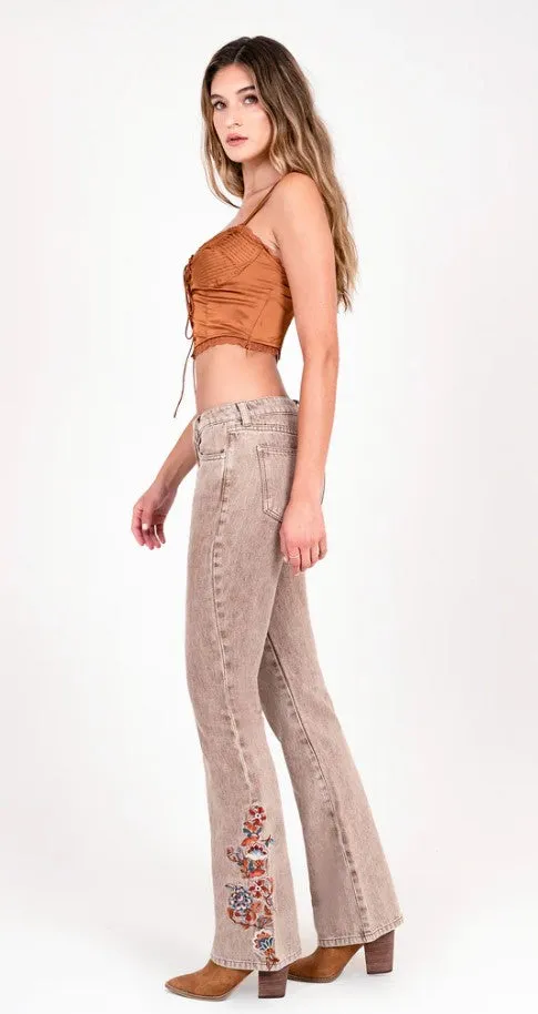 Grace Jeans Floral Embroidery Camel Colour Mid-Rise Flare Jeans ELS772