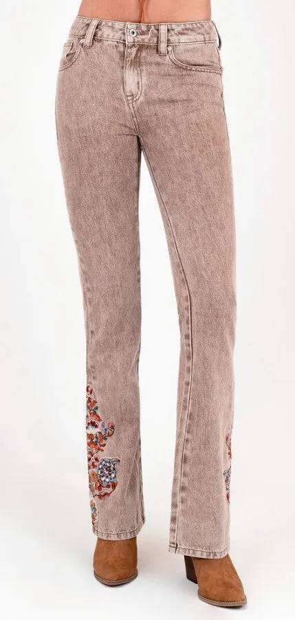 Grace Jeans Floral Embroidery Camel Colour Mid-Rise Flare Jeans ELS772