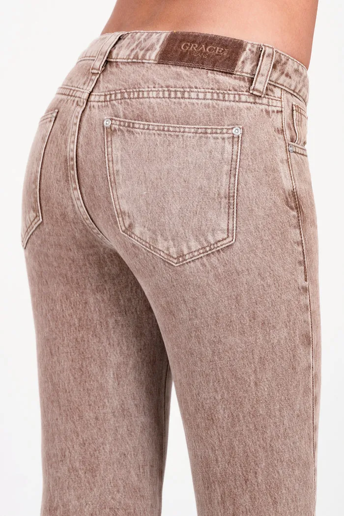 Grace Jeans Floral Embroidery Camel Colour Mid-Rise Flare Jeans ELS772