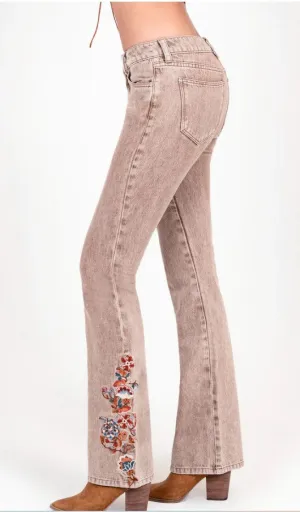 Grace Jeans Floral Embroidery Camel Colour Mid-Rise Flare Jeans ELS772