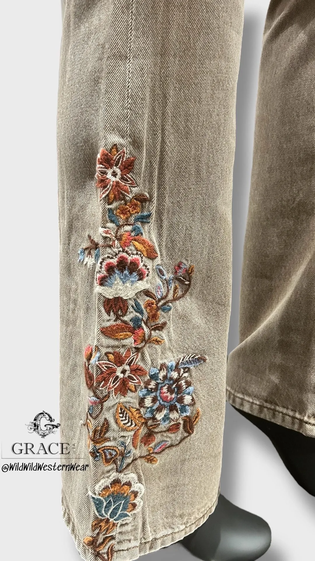 Grace Jeans Floral Embroidery Camel Colour Mid-Rise Flare Jeans ELS772