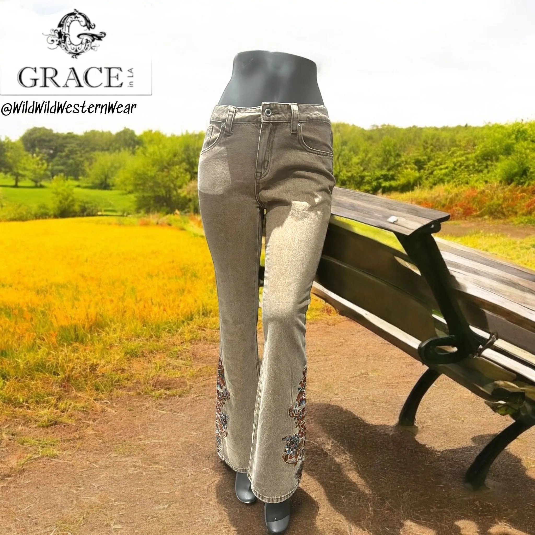 Grace Jeans Floral Embroidery Camel Colour Mid-Rise Flare Jeans ELS772