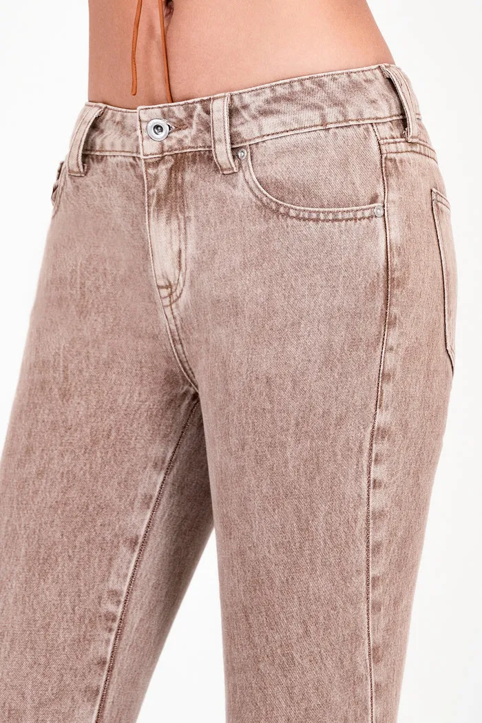 Grace Jeans Floral Embroidery Camel Colour Mid-Rise Flare Jeans ELS772