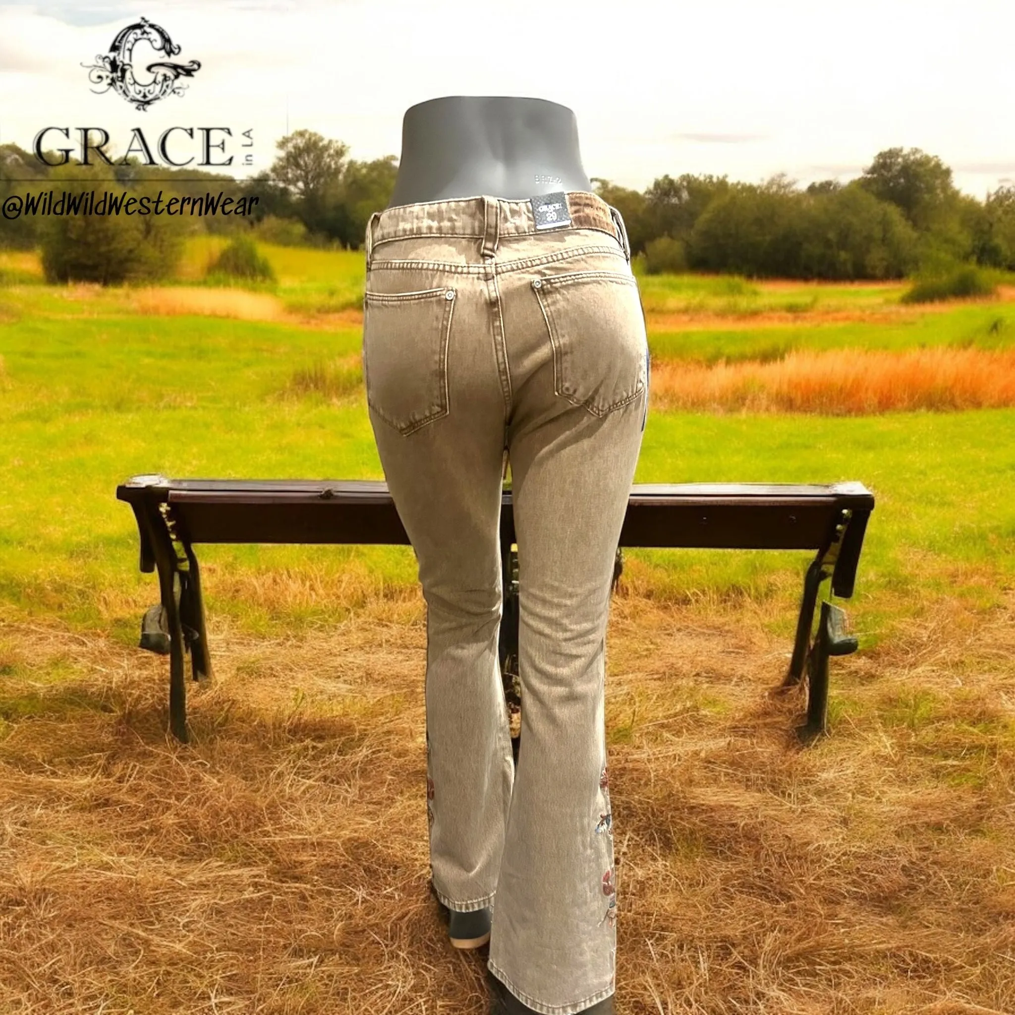 Grace Jeans Floral Embroidery Camel Colour Mid-Rise Flare Jeans ELS772