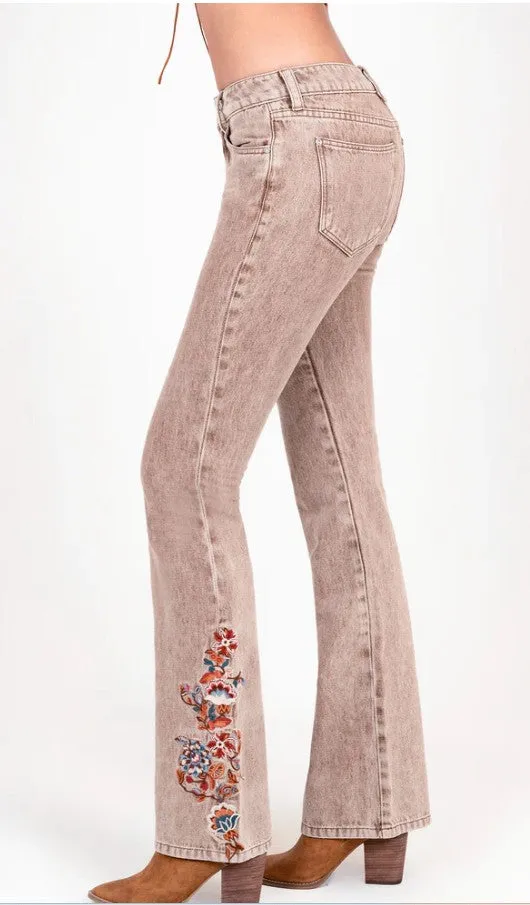 Grace Jeans Floral Embroidery Camel Colour Mid-Rise Flare Jeans ELS772