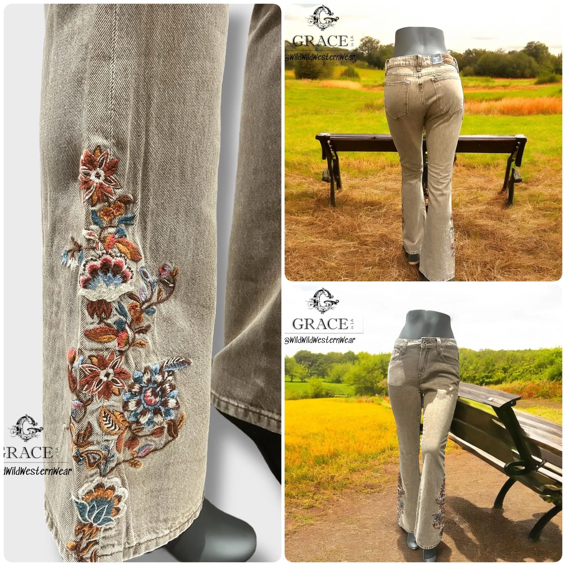 Grace Jeans Floral Embroidery Camel Colour Mid-Rise Flare Jeans ELS772