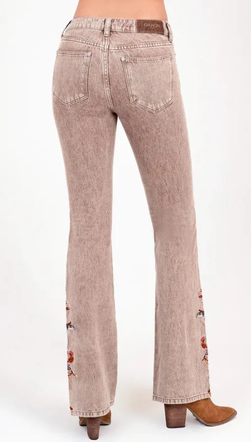 Grace Jeans Floral Embroidery Camel Colour Mid-Rise Flare Jeans ELS772