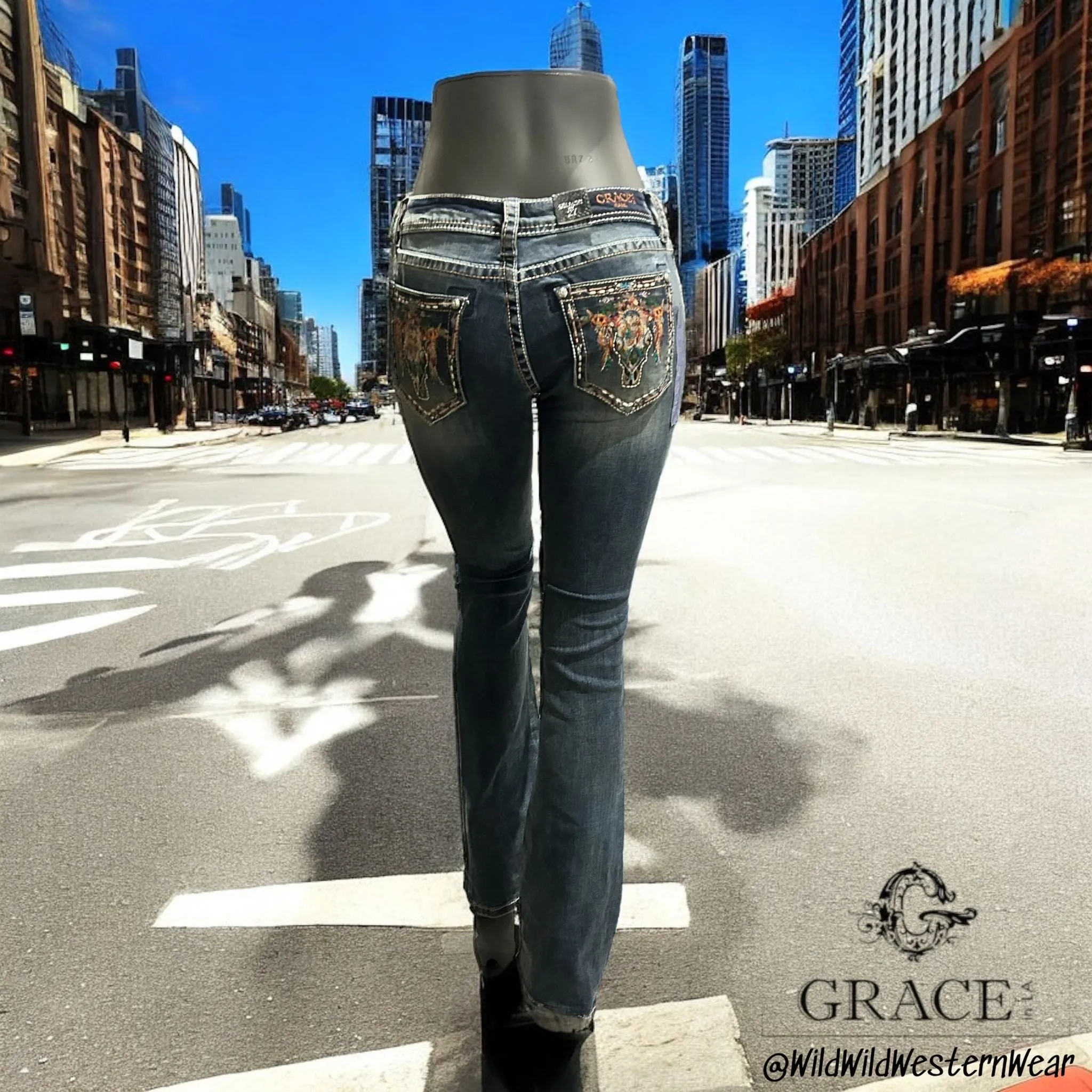 Grace Jeans Steer Head Colourful Embroidered Mid Rise Bootcut Jeans EB61891