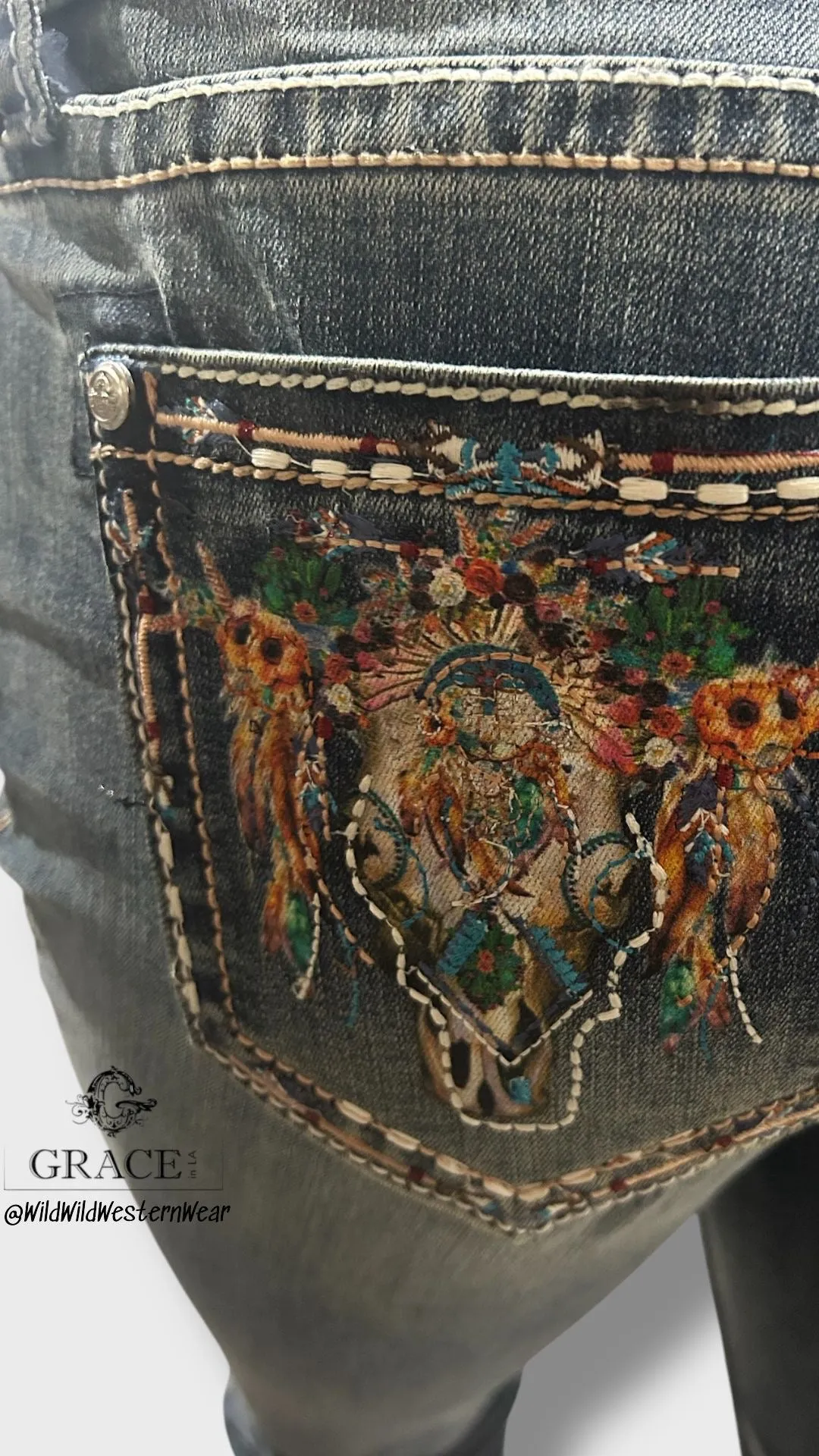 Grace Jeans Steer Head Colourful Embroidered Mid Rise Bootcut Jeans EB61891