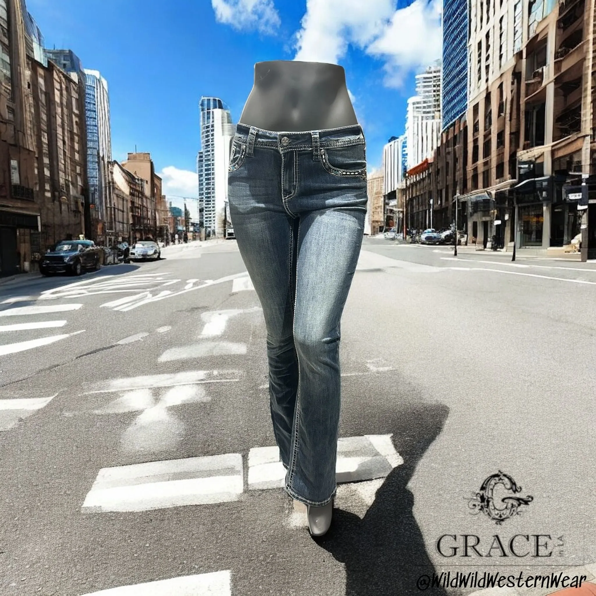 Grace Jeans Steer Head Colourful Embroidered Mid Rise Bootcut Jeans EB61891