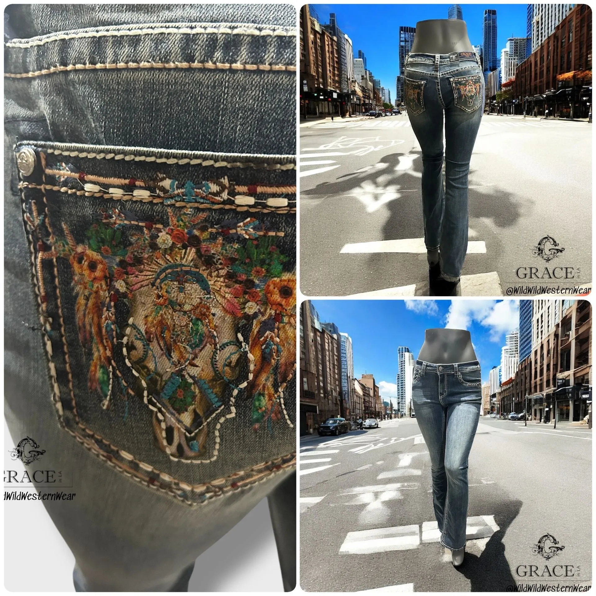 Grace Jeans Steer Head Colourful Embroidered Mid Rise Bootcut Jeans EB61891