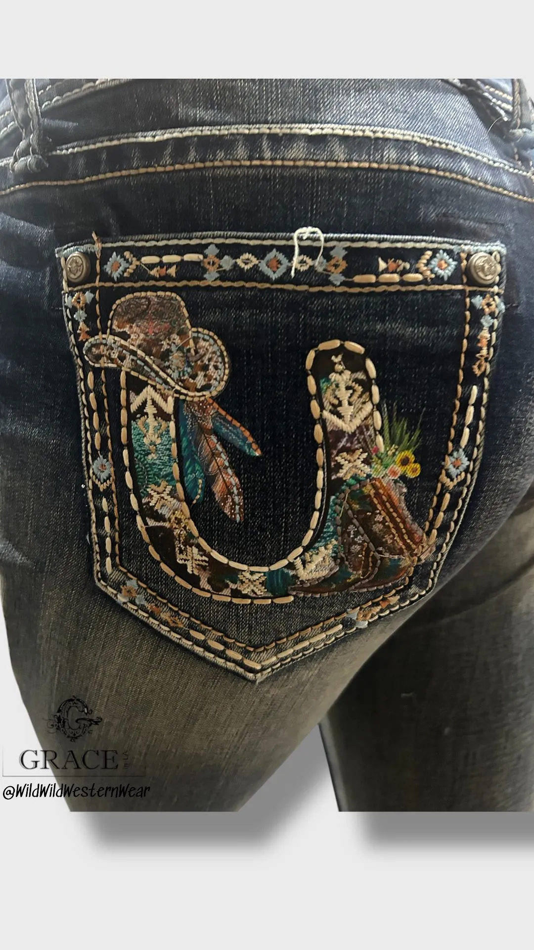 Grace Jeans Western Horseshoe Colourful Embroidered Mid Rise Bootcut Jeans EB61852
