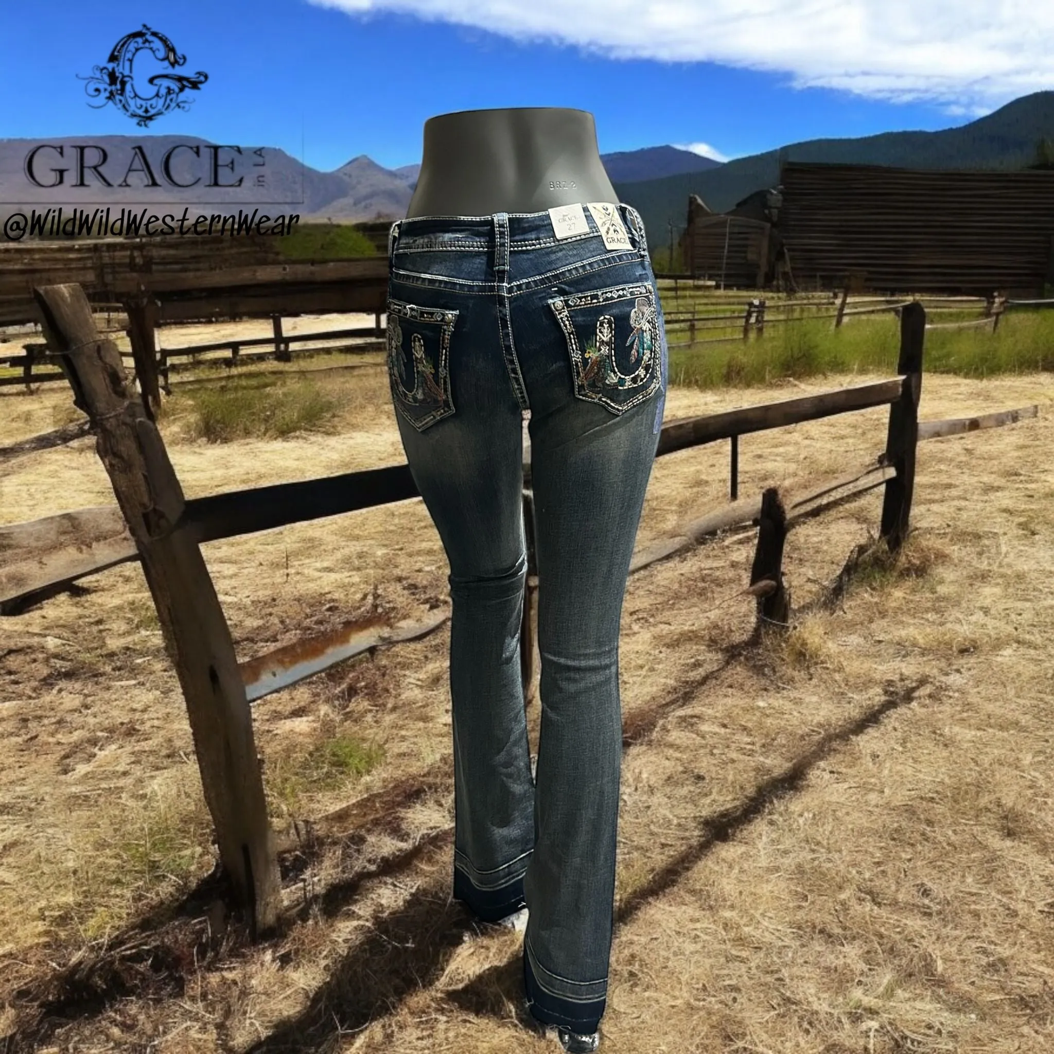 Grace Jeans Western Horseshoe Colourful Embroidered Mid Rise Bootcut Jeans EB61852