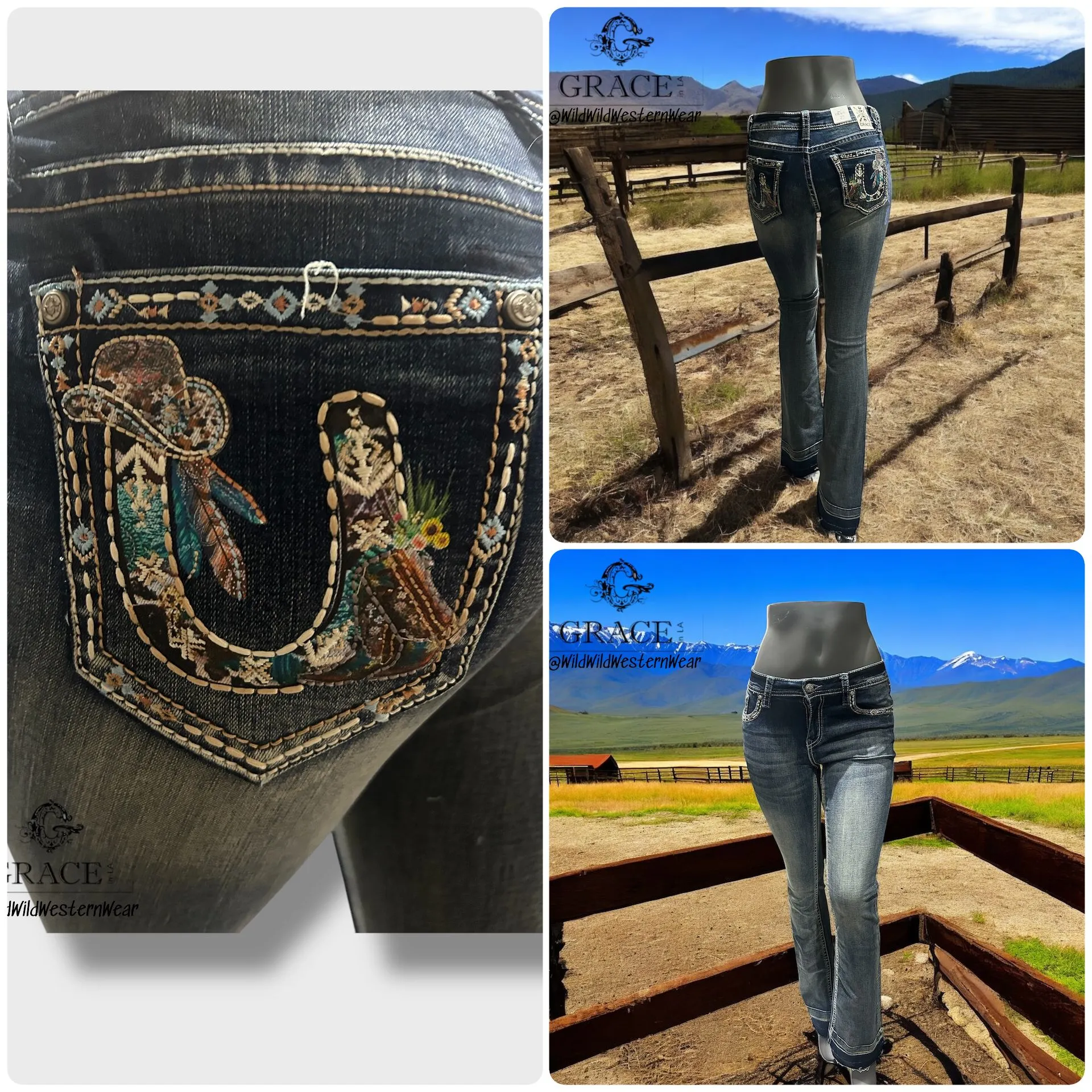 Grace Jeans Western Horseshoe Colourful Embroidered Mid Rise Bootcut Jeans EB61852