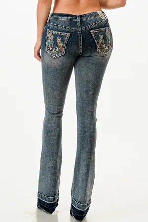 Grace Jeans Western Horseshoe Colourful Embroidered Mid Rise Bootcut Jeans EB61852