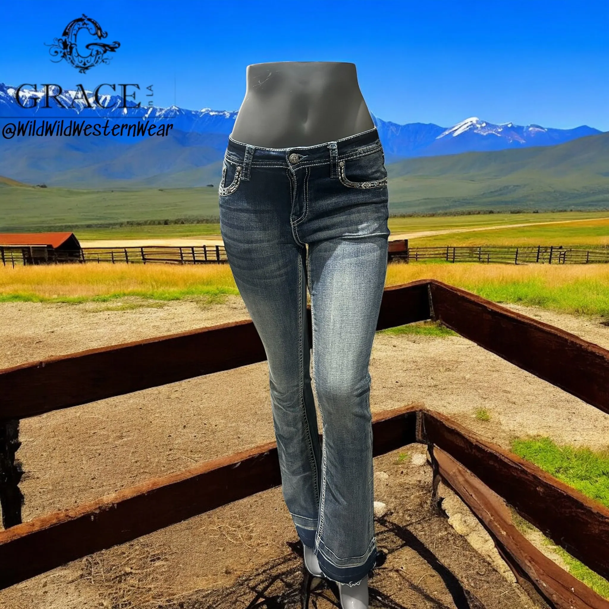 Grace Jeans Western Horseshoe Colourful Embroidered Mid Rise Bootcut Jeans EB61852