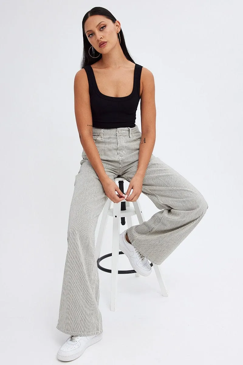 Grey Stripe Wide Leg Jeans High Rise