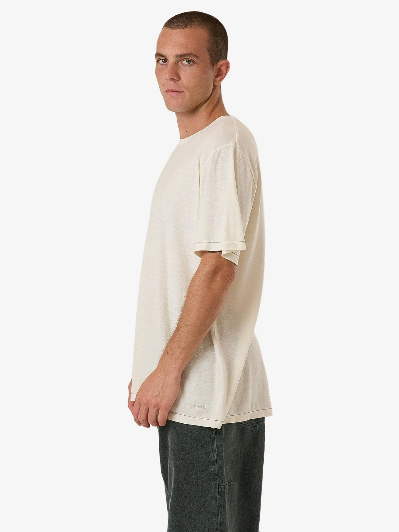 Hemp Thrills Embro Lightweight Contrast Stitch Merch Fit Tee - Dirty White