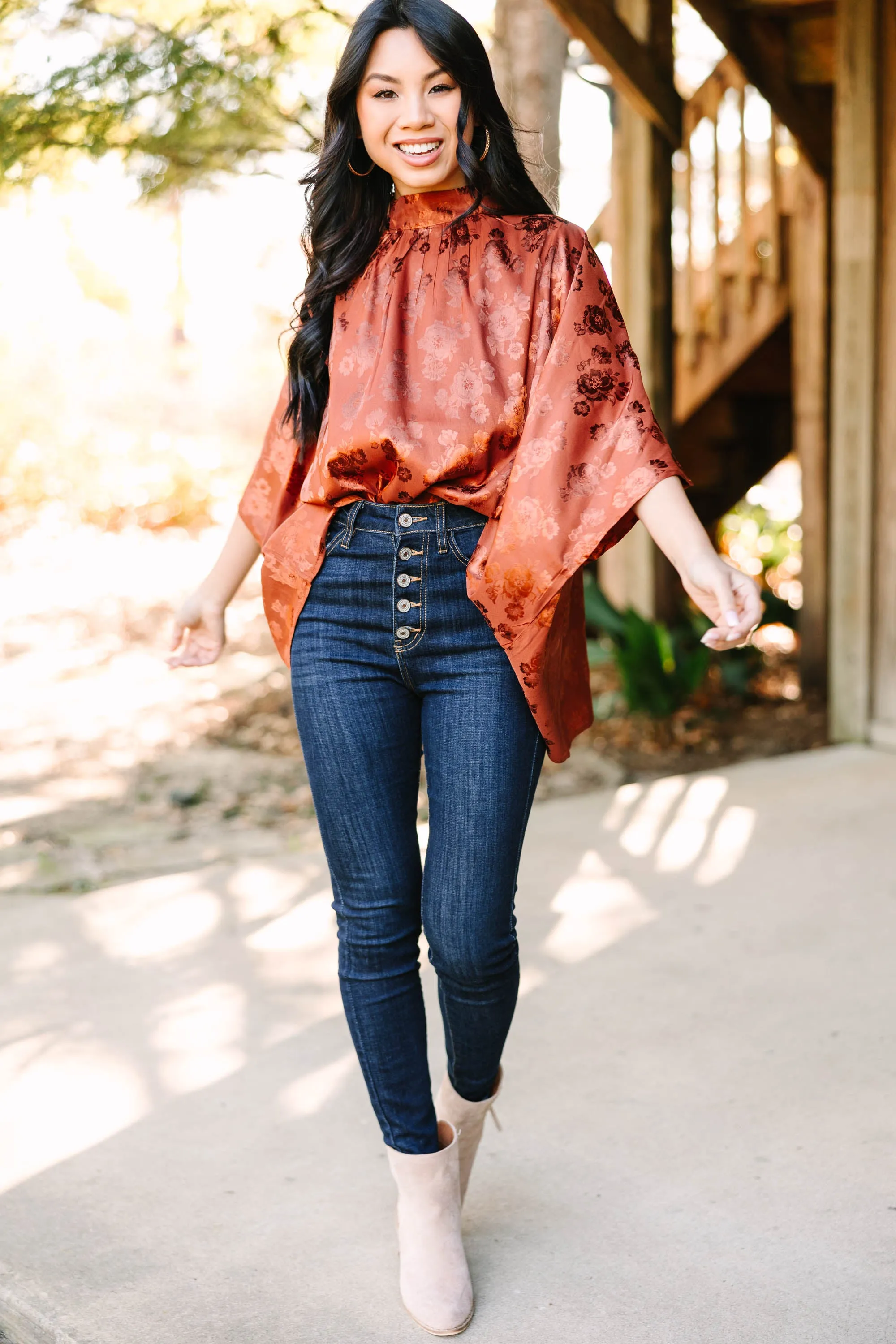 Look At You Rust Brown Floral Blouse