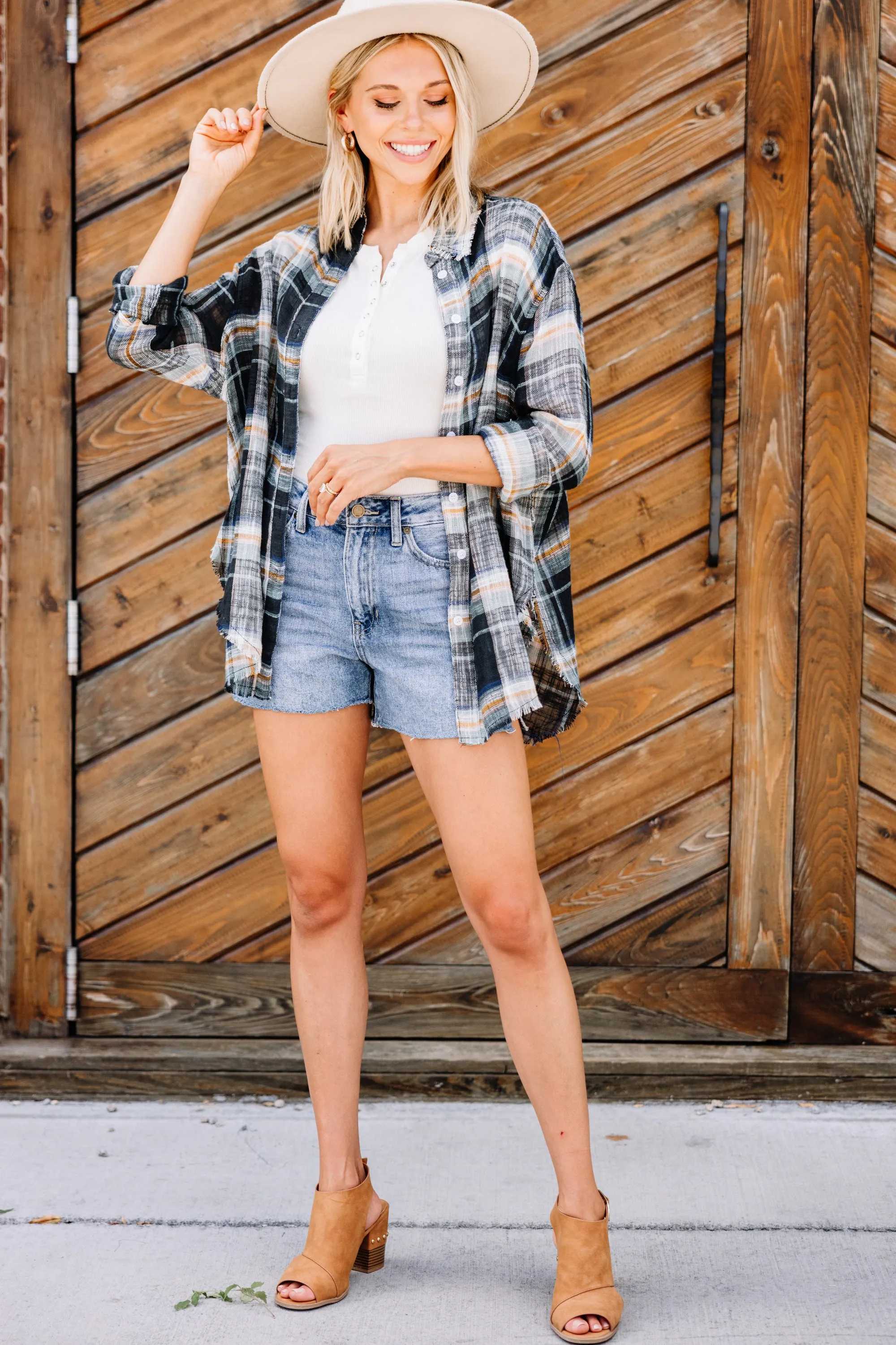 Looks Like Fun Black Plaid Button Down Top
