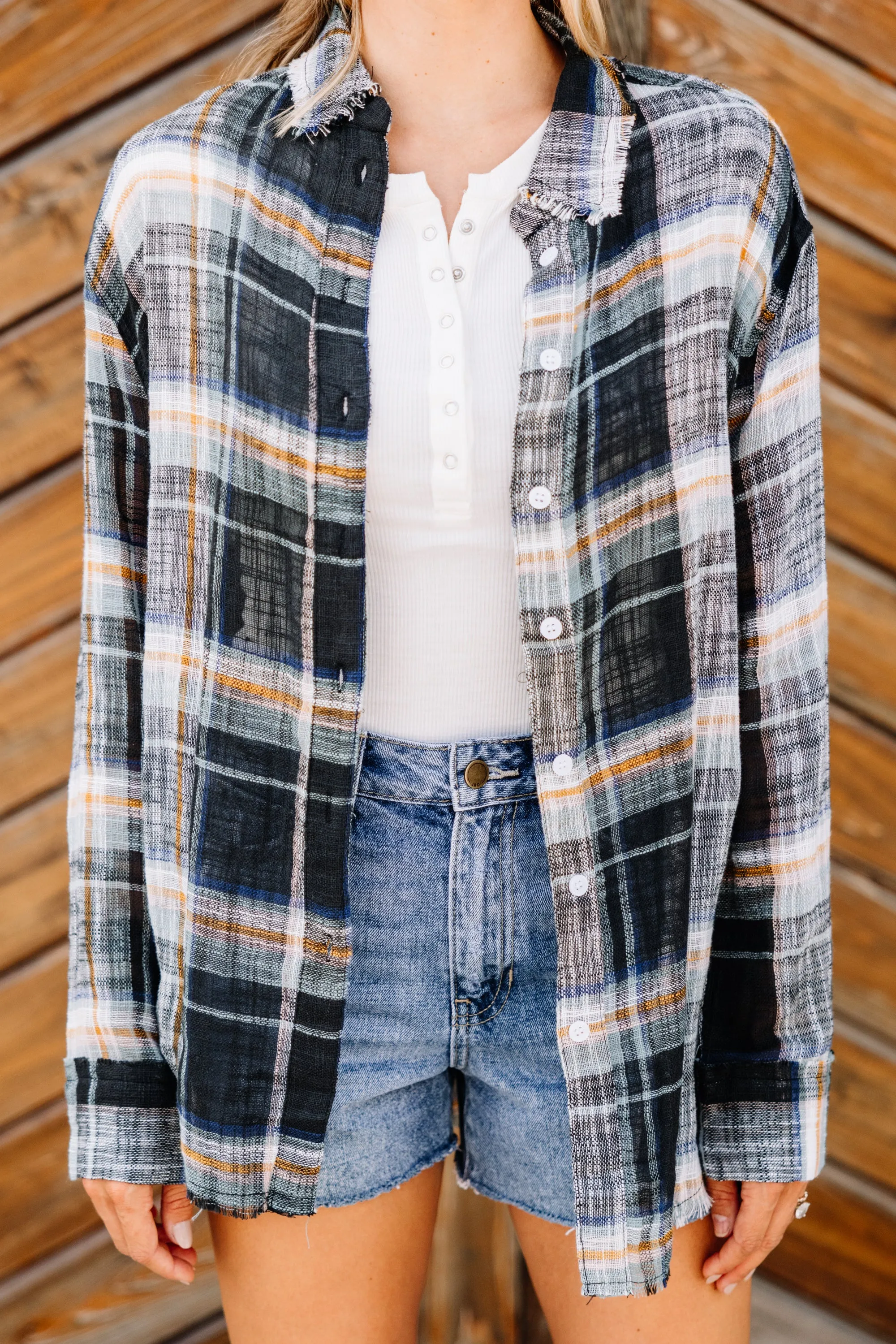 Looks Like Fun Black Plaid Button Down Top