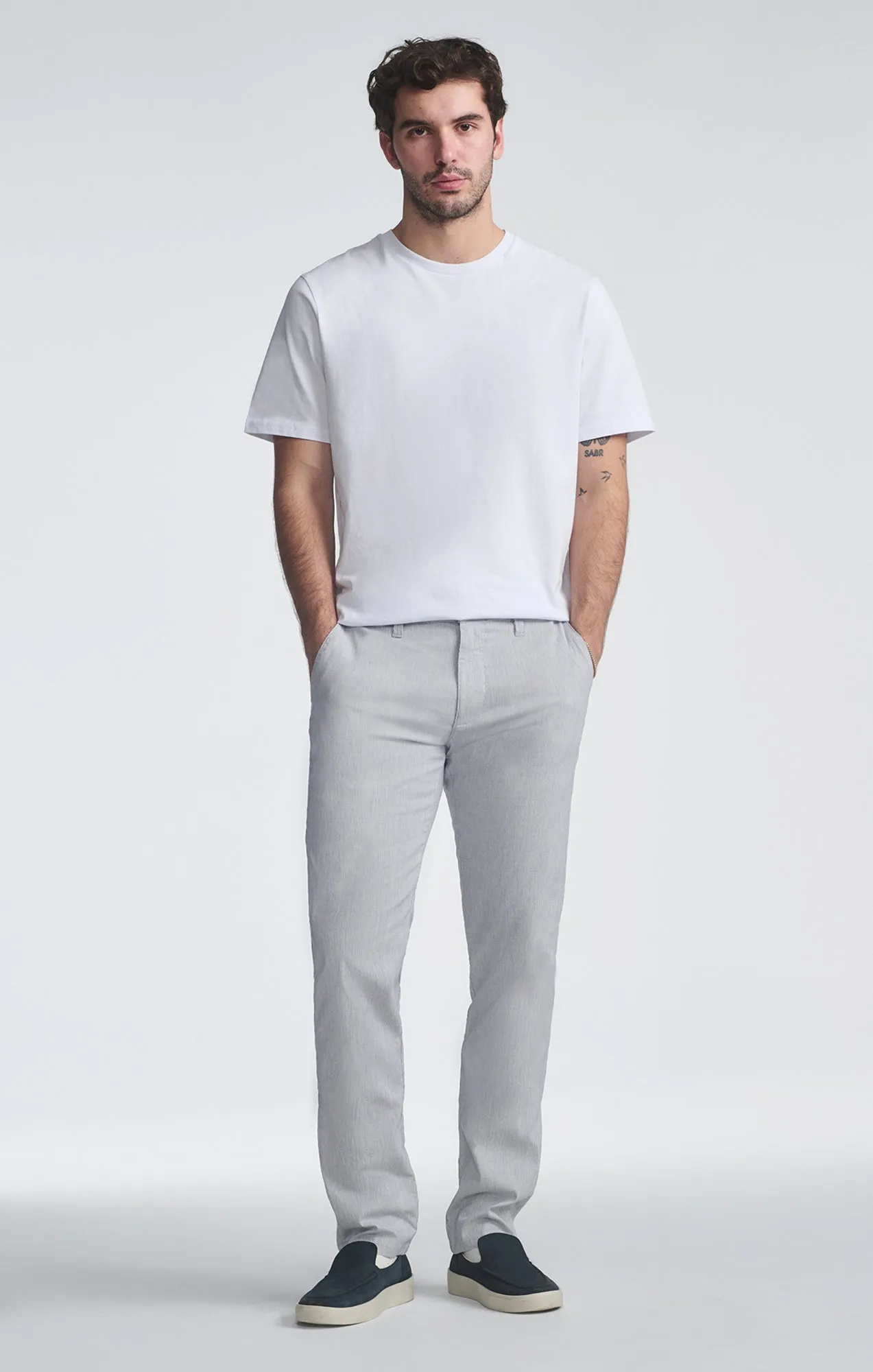 MILTON SLIM STRAIGHT CHINO IN LIGHT GREY LINEN STRIPE