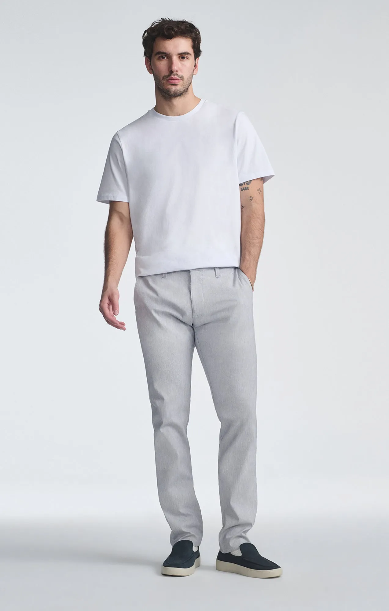 MILTON SLIM STRAIGHT CHINO IN LIGHT GREY LINEN STRIPE