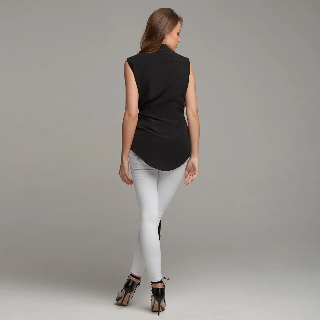 QUINN BLACK TIE FRONT SLEEVELESS SHIRT - CT028