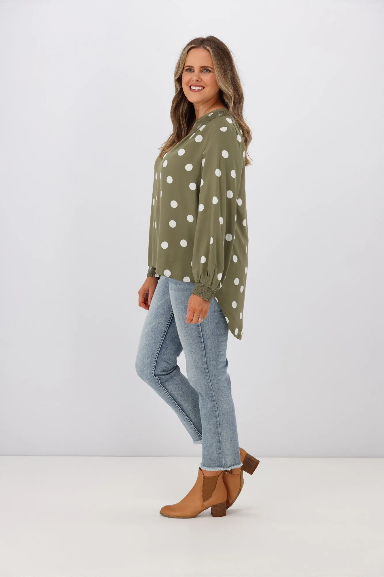 Stella   Gemma Polly Blouse Olive Spot