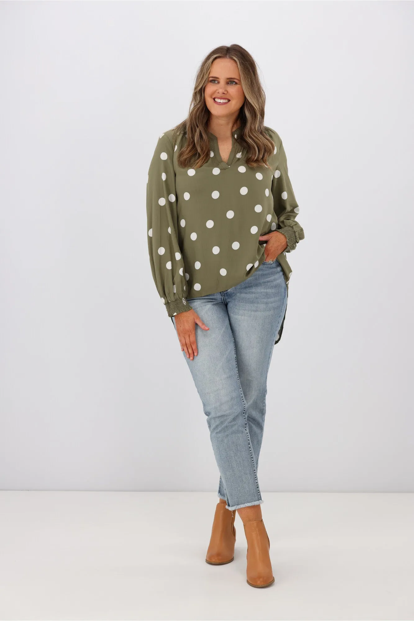Stella   Gemma Polly Blouse Olive Spot