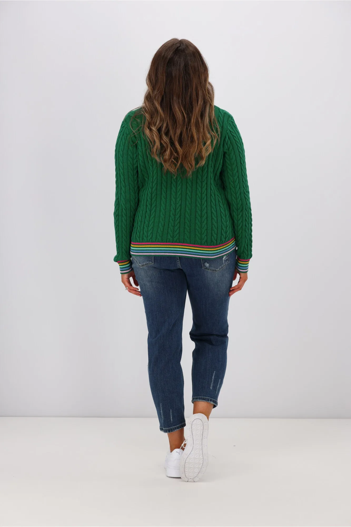 Sugarhill Brighton Barbara Cable Knit Jumper Rainbow Tipping Green