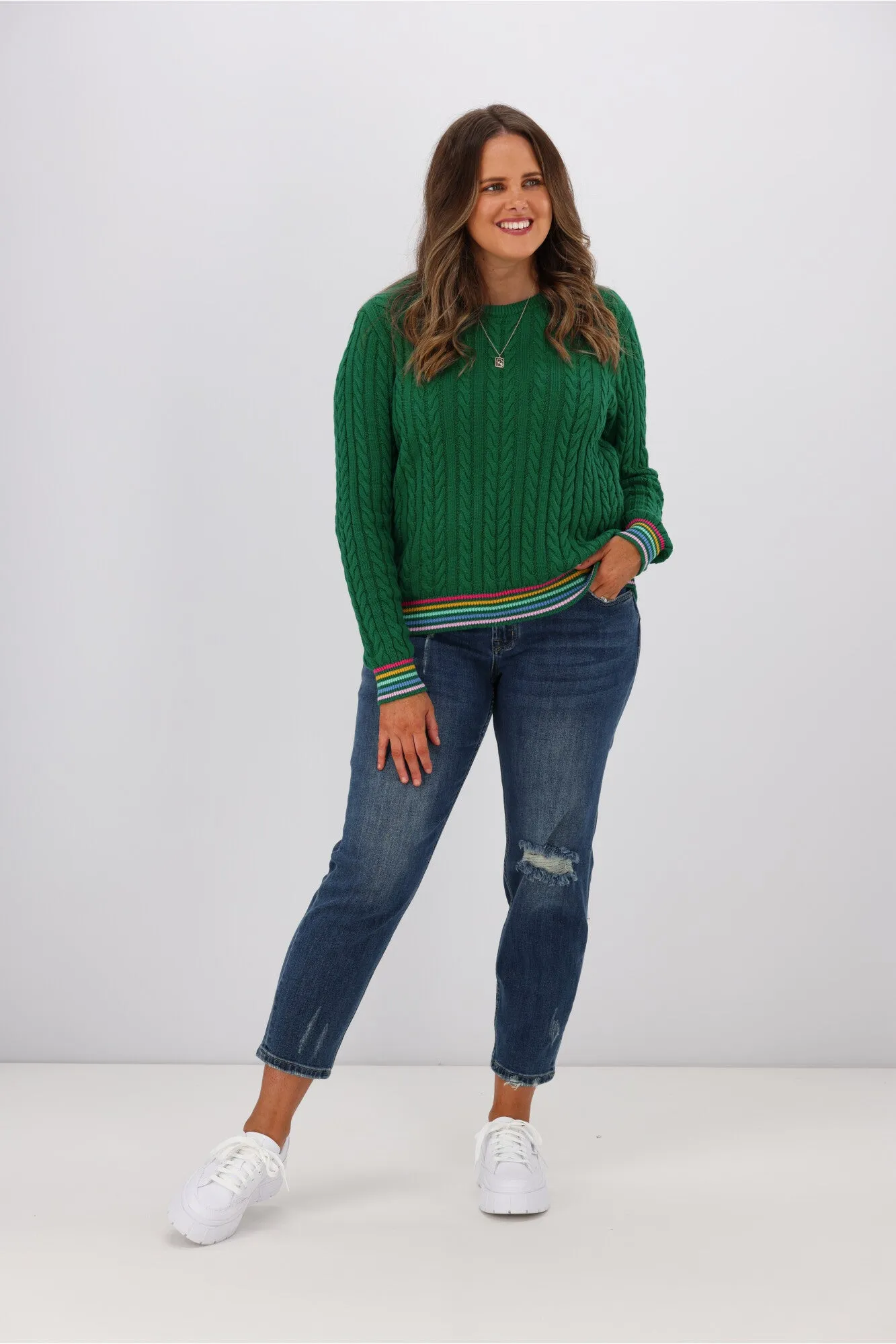 Sugarhill Brighton Barbara Cable Knit Jumper Rainbow Tipping Green