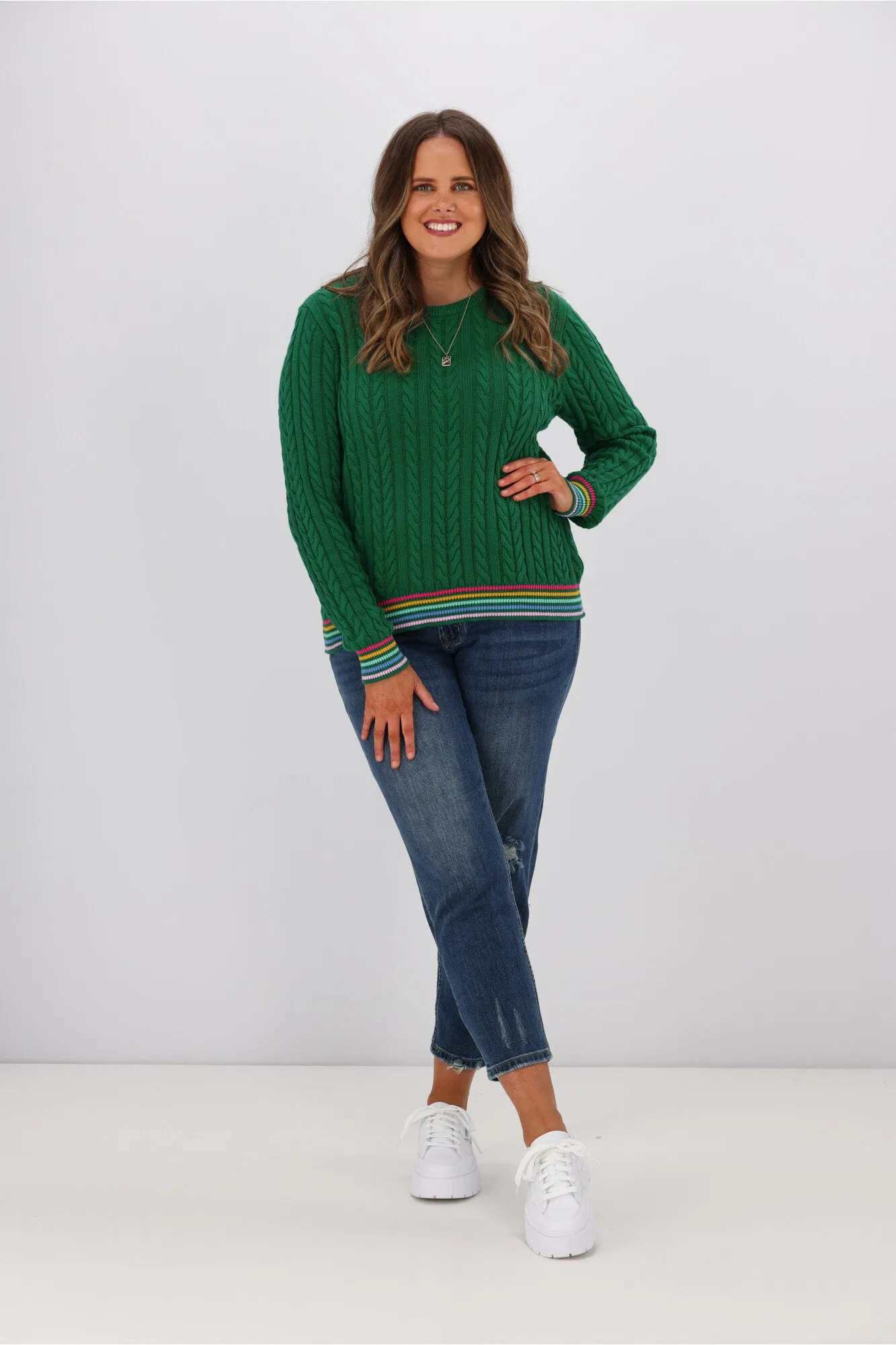 Sugarhill Brighton Barbara Cable Knit Jumper Rainbow Tipping Green