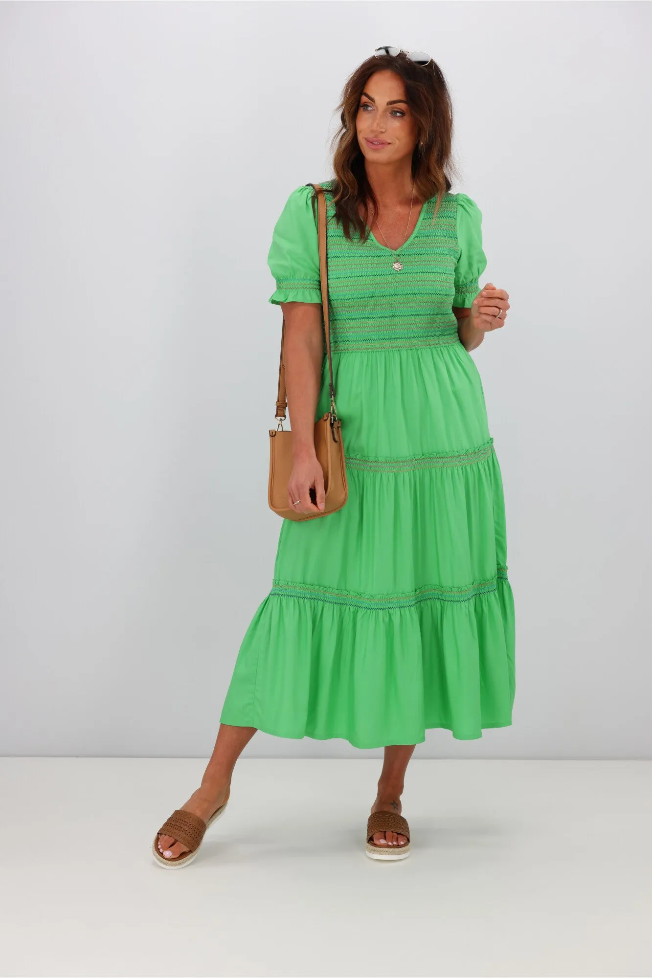 Sugarhill Harley Midi Shirred V-Neck Dress Rainbow Shirring Green