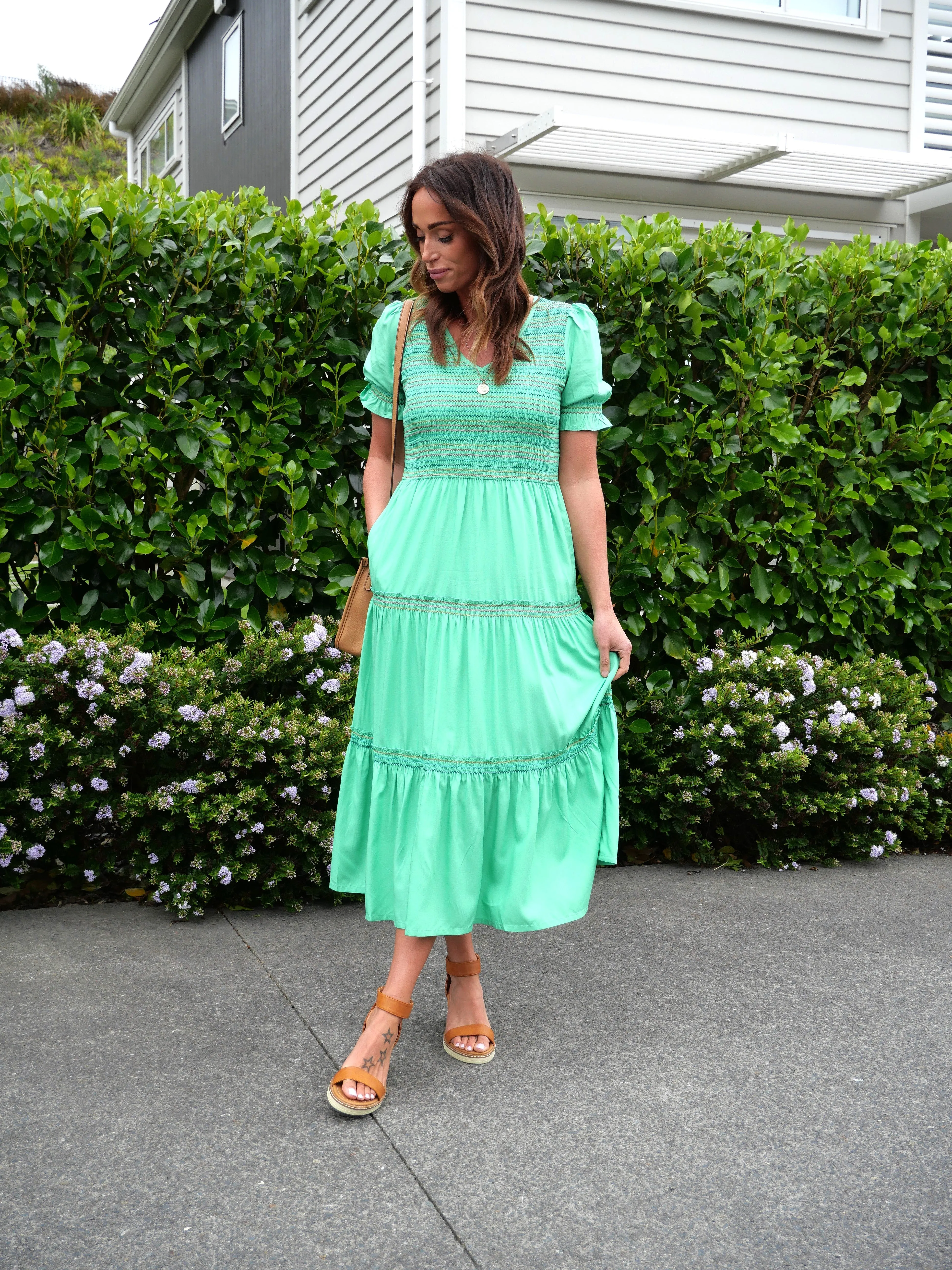 Sugarhill Harley Midi Shirred V-Neck Dress Rainbow Shirring Green