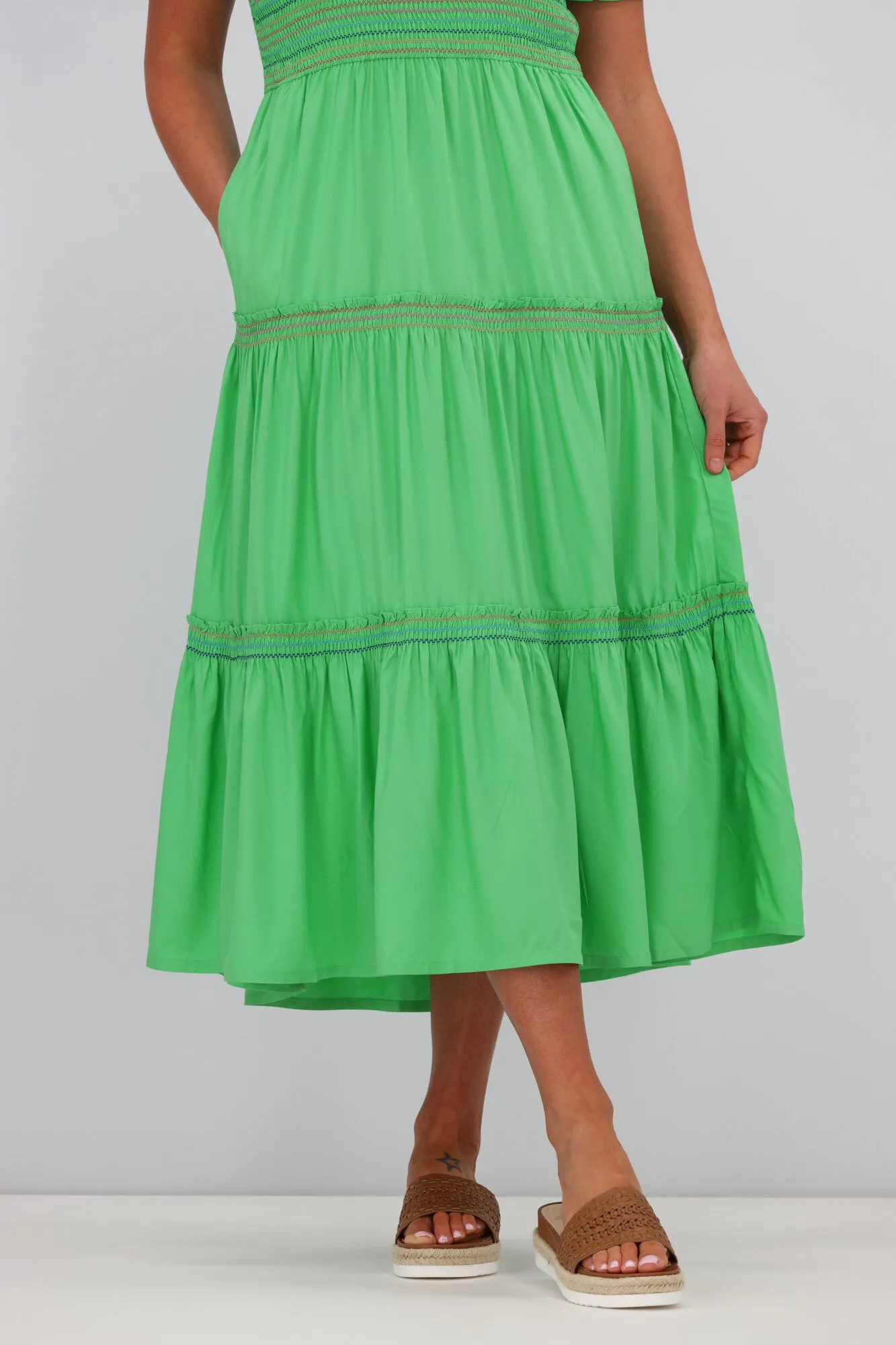 Sugarhill Harley Midi Shirred V-Neck Dress Rainbow Shirring Green