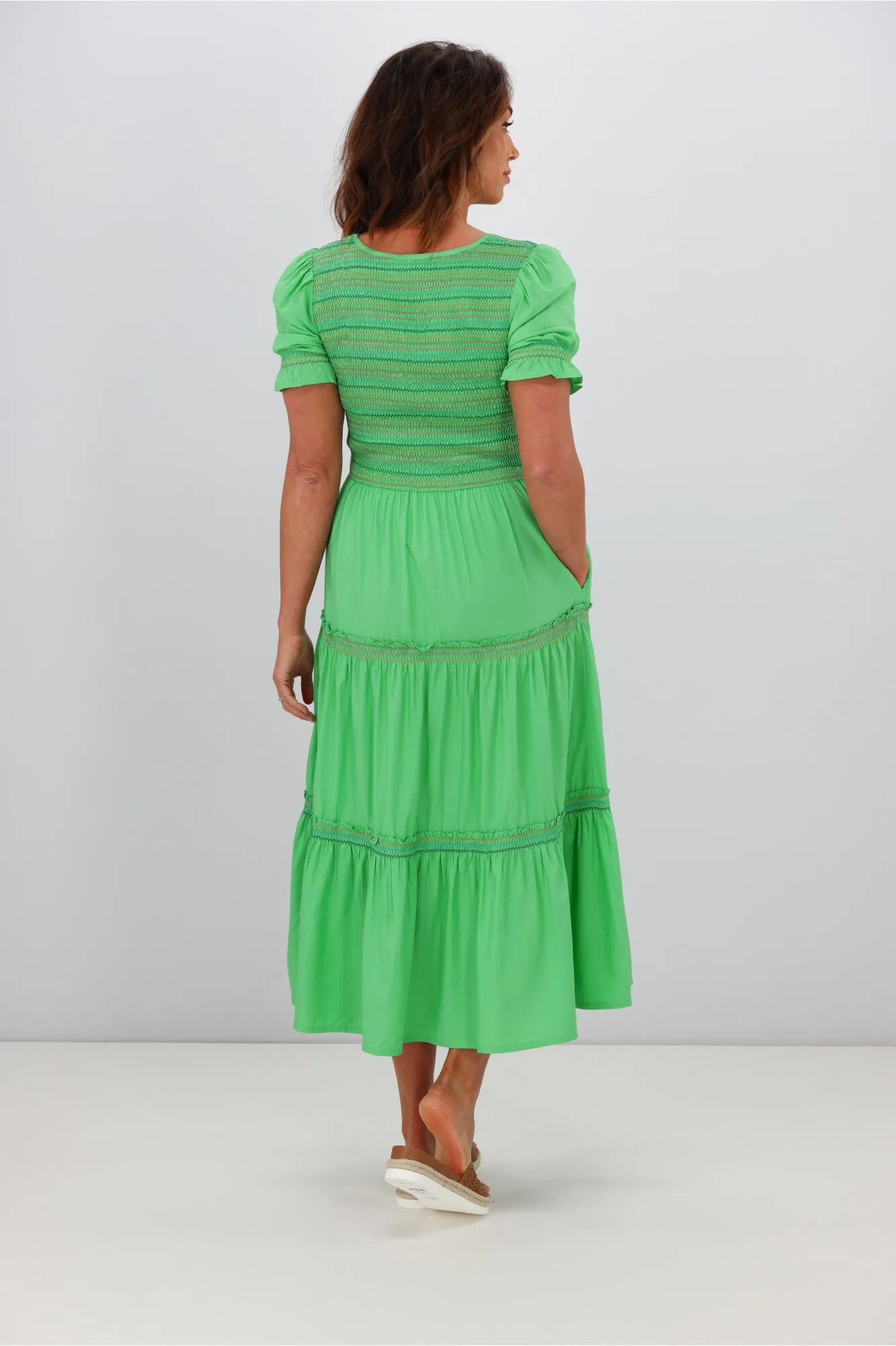 Sugarhill Harley Midi Shirred V-Neck Dress Rainbow Shirring Green