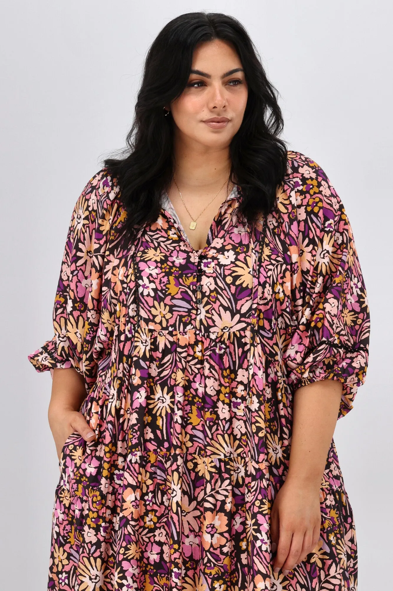 Sunday Boho Penelope Dress Black Pink Floral